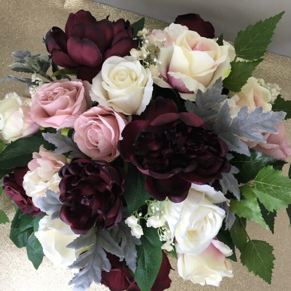 artificial wedding bouquet. hand tied posy style. burgundy, gypsophila, dusky pink, ivory. grey and green foliage