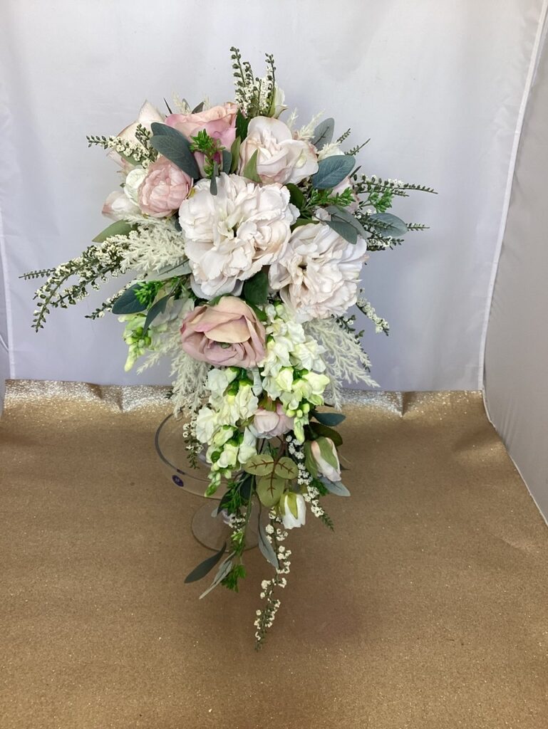 artificial silk flower brides bouquet, beautiful romantic garden pastle shower bouquet ivory/ white. pale pink, inc astilbe, roses, peony, snapdragons salvia & eucalyptus