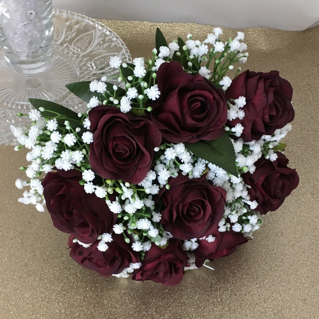 artificial silk flower brides bouquet, hand tied [posy style. red/ burgundy ivory. available in all colours inc roses & gypsophila