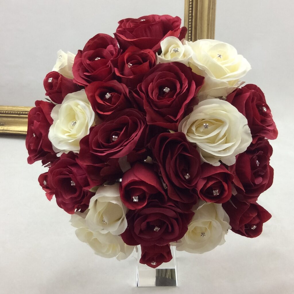 artificial silk flower brides bouquet, hand tied compact posy style inc roses, alternatives peony, gerb ranunculus, tulip