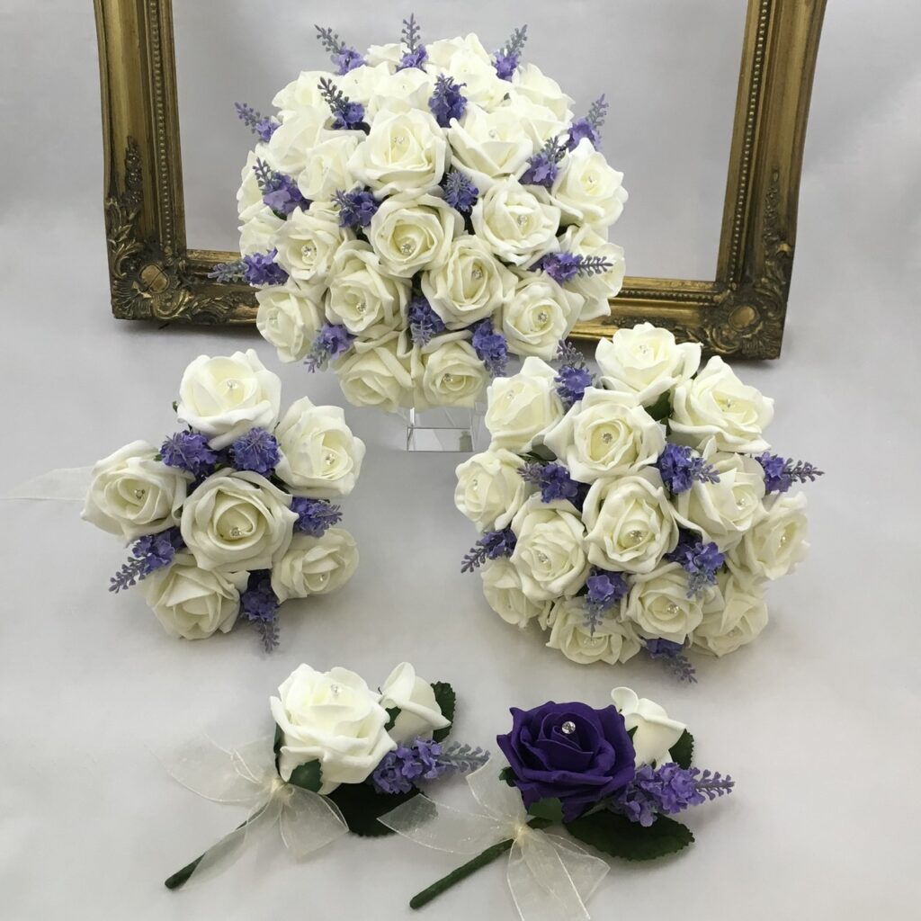 artificial foam flower brides posy style bouquet. comp-act in design. inc foam roses, & lavender