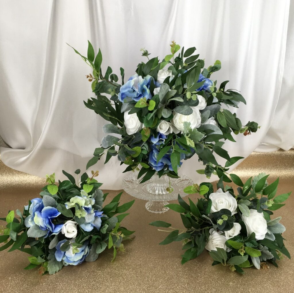 artificial silk flower4 bridal bouquet. open, loose hand tied style. ivory, white, blue available in all colours. inc roses, peony, hydrangea, eucalyptus, ruscus, ficus