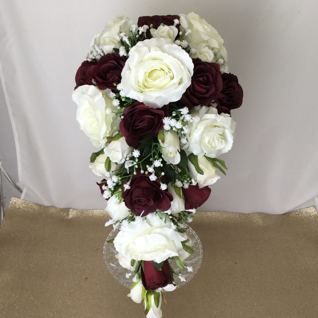 artificial silk flower bridal bouquet teardrop style reds, burgundy ivory. available in most colours. inc roses & gypsophila