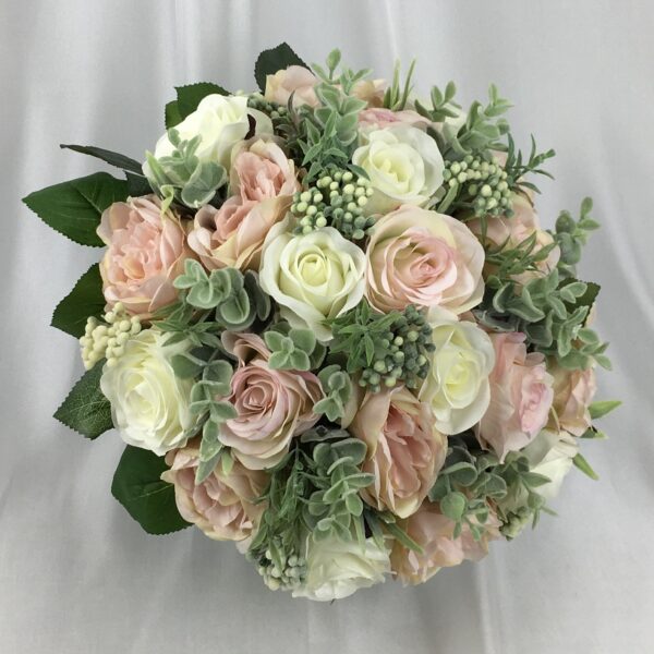 artificial silk flower brides bouquet. hand tied posy style , ivory, white, pink, blush, green. inc roses, peony. eucalyptus, berries
