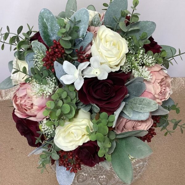 artificial silk flower brides bouquet. hand tied posy style . burgundy, pink, ivory, grey, green. inc roses, peony, queen anne lace, berry, stephanotis, eucalyptus & lambs ear