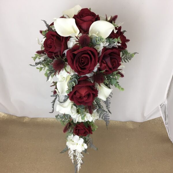 artificial silk & foam bridal teardrop bouquet,,inc calla lily, roses, thistles & eucalyptus