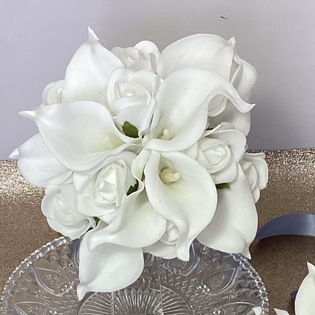 artificial flower brides bouquet, hand tied posy inc foam colourfast calla lily & foam roses