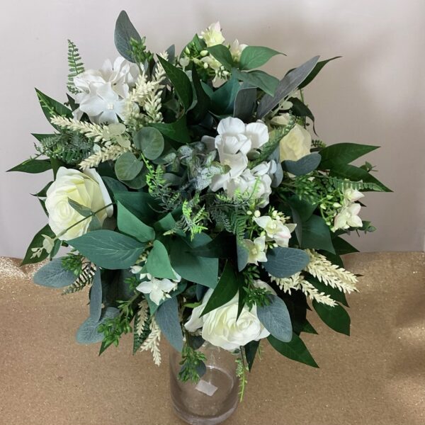 artificial silk flower bridal bouquet., hand tied posy style, ivory, white, green inc roses. hydrangea, astilbe, wild hydrangea ,noble leaf, fern, ruscus & eucalyptus