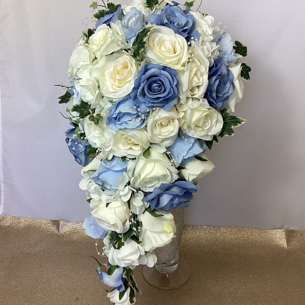 artificial, silk brides teardrop bouquet, compact design inc roses, hydrangea, berries & ivy