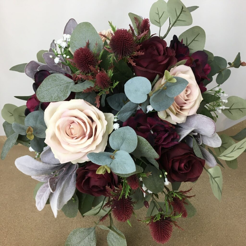 artificial wedding bouquet, posy handtied, roses, eucalyptus, lambs ear, thistle