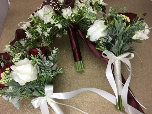 artificial silk flower brides bouquet. teardrop design inc velvet roses, thistle & berries