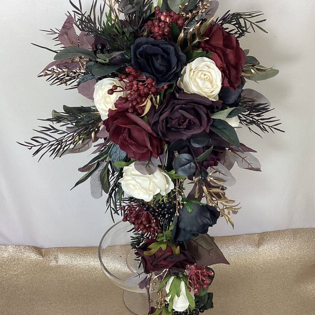 artificial silk flower bridal bouquet, shower design, gothic, halloween, inc black tassle fern, roses, berries viburnhum berry & eucalyptus