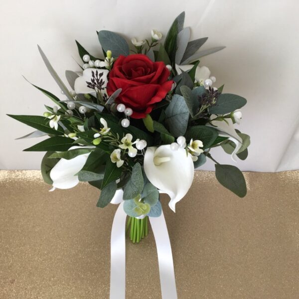 artificial flower bridal bouquet, hand tied posy style. red roses, ivory, green. inc roses, wax flower, calla lily & eucalyptus