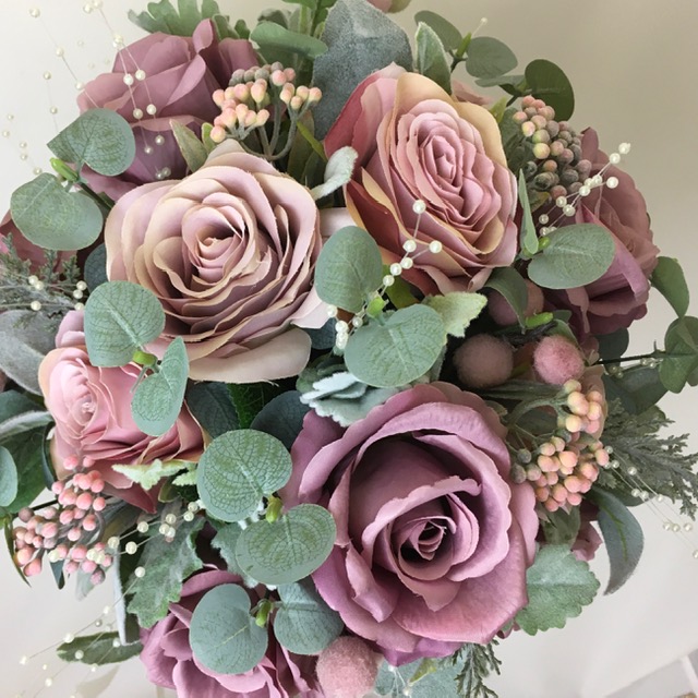 artificial silk flower brides bouquet, hand tied posy style , mauve, dusky pink, pink, mink, nude, grey green available in most colours . inc roses, berry, eucalyptus, lambs ear