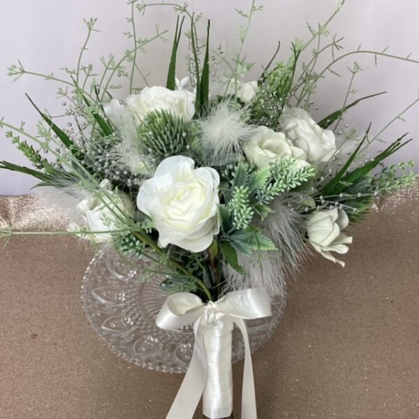 artificial silk flower brides bouquet ivory, white, green, available in most colours. inc meadow grass, thistle, astilbe, roses, feathers & lambsear
