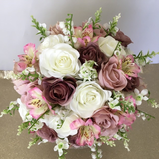 artificial wedding bouquet. dusky pink, ivory, mink, pale pink. roses, lily of the valley, catmint, alstromeria