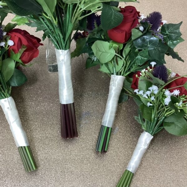 artificial silk flower brides bouquet hand tied posy style inc velvet roses, gypsophila & thistle