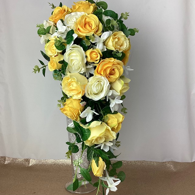 artificial silk flower brides bouquet, long teardrop shower style, ivory, cream, vanilla pale yellow. green. inc roses, stephanotis & eucalyptus