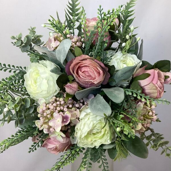 artificial silk flower bridal bouquet hand tied posy style. ivory, pink, dusky pink grey, green. incs berries, ranunculus, roses, lacecap hydrangea. lambs ear and spikey greenery