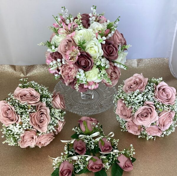 artificial wedding flowers, hand tied posy style brides bouquet bridesmaid bouquet, buttonholes roses, gypsophila, lily of the v alley, catmint