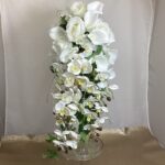 artificial silk flower bridal shower bouquet, stunning, ivory, green. cascading stunning long flowing bouquet. inc calla lily, phalanopsis orchid, large roses, italian ruscus