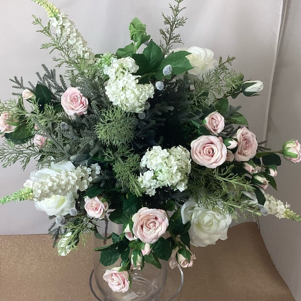 large romantic artificial silk flower brides bouquet, loose open hand tied style. pink, ivory, green. inc spray roses, viburnum, salvia, roses, dill , pussy willow and soft foliage