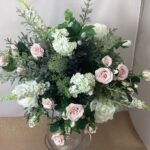 large romantic artificial silk flower brides bouquet, loose open hand tied style. pink, ivory, green. inc spray roses, viburnum, salvia, roses, dill , pussy willow and soft foliage