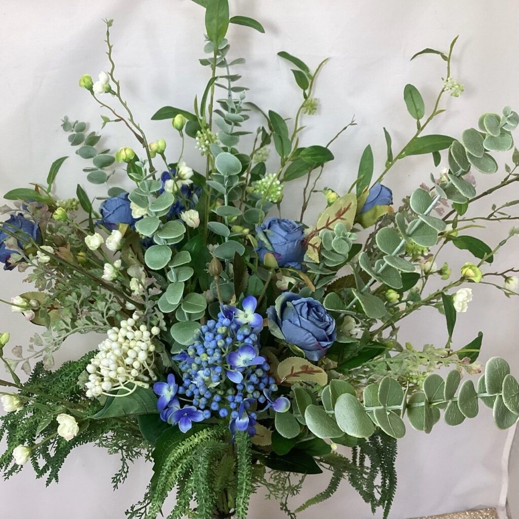 artificial silk flowers, brides bouquet. loose open natural garden hand tied style, large in design and style inc budding hydrangea, berries, spray roses, amaranthus, blossom & eucalyptus
