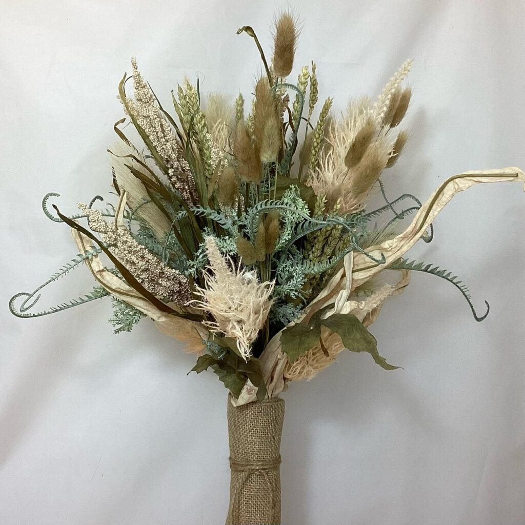 artificial silk flower & dried flower bridal bouquet. hand tied natural grasses, wheat , reed flower lagurus,. countryside imspired