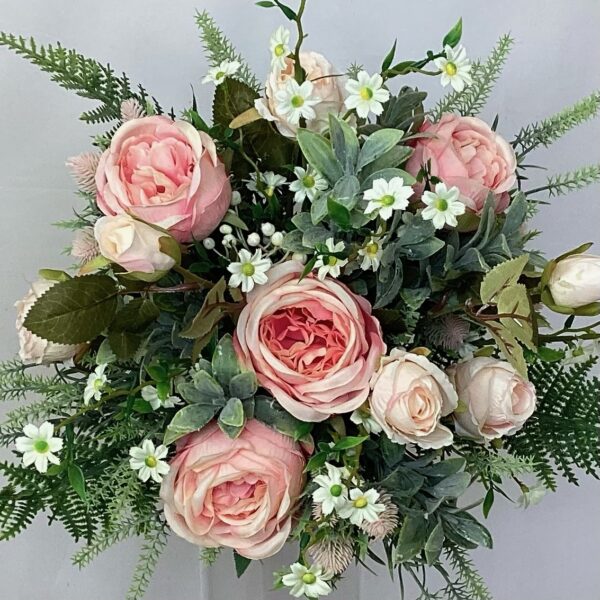 artificial silk flower bridal bouquet, natural handtied loose open style posy. peach, coral, blush, ivory, green. inc roses, blossom, berries asparagus, thistle, ruscus
