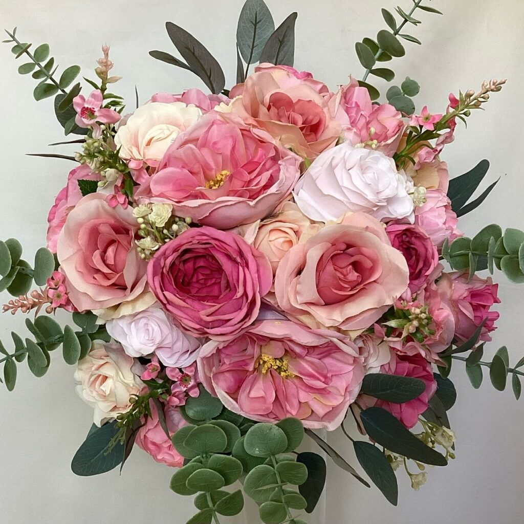 artificial silk flower brides bouquet, hand tied round posy style, romantic delicate. inc peony, roses eucalyptus, gypsophila catmint & gunni