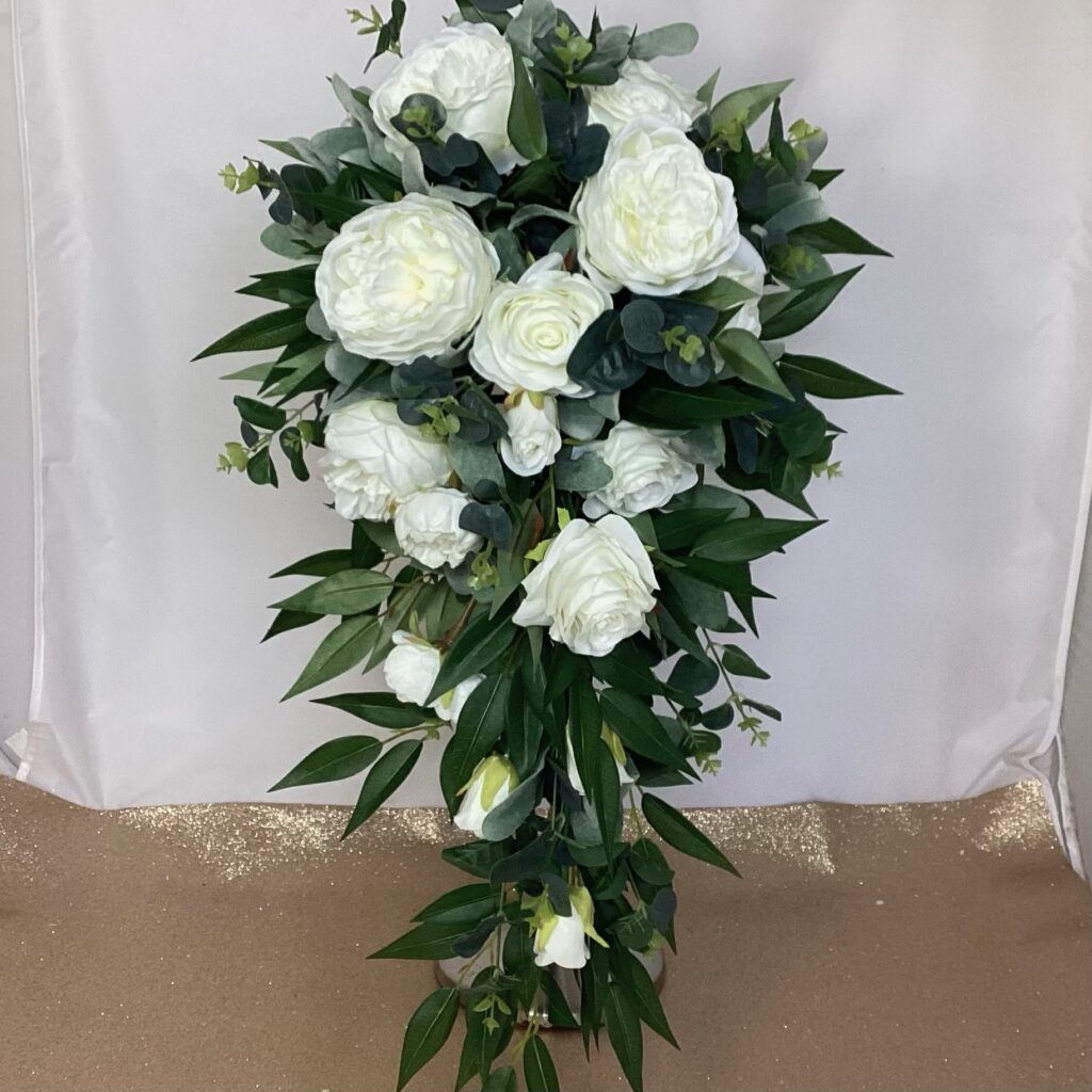 artificial silk flower bridal bouquet, shower bouquet. ivory, white available in all colours. inc roses, peony, rose buds, ruscus, eucalyptus