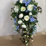 artificial silk flower brides bouquet, shower style. blue, ivory, white, green. available in most colours. inc peony, hydrangea, roses, blossom eucalyptus & ruscus