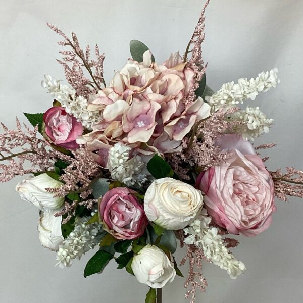 artificial silk flower brides bouquet, hand tied loose open style. pinks, mauves, nude, mink, ivory green. inc roses, peony, astilbe, salvia, & hydrangea