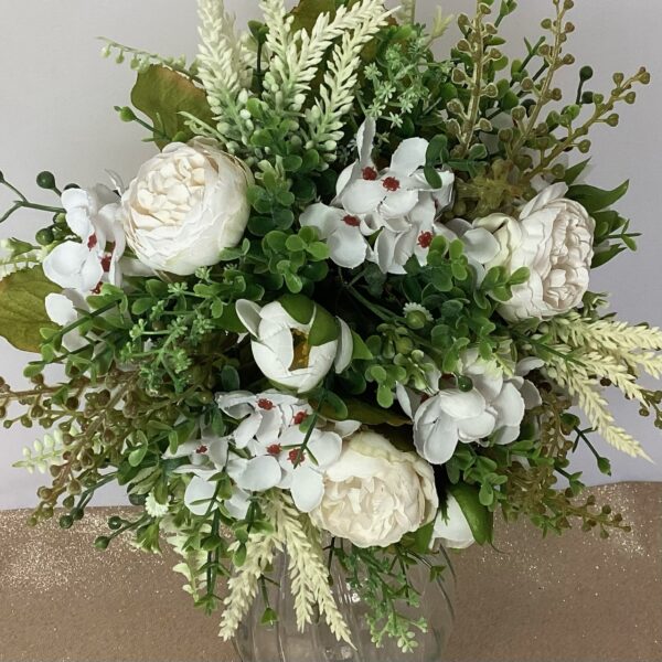 artificial silk flower brides bouquet, hand tied loose open design inc rises, hydrangea, astilbe & eucalyptus