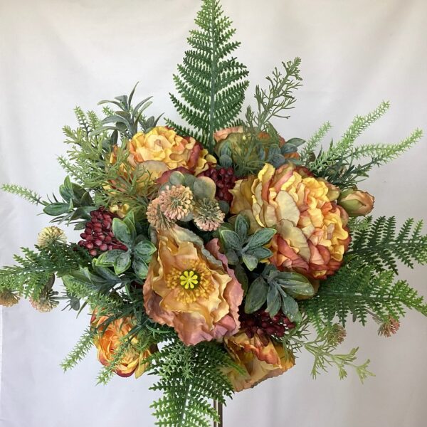 artificial silk flower brides bouquet, hand tied loose open posy style. oranges, golds reds, green available in most colours/ inc peony, poppy, globe thistle, berry ruscus fern & dill