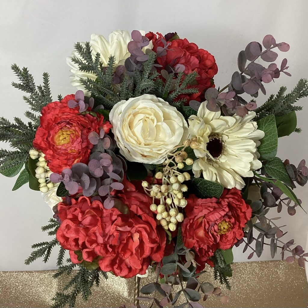 artificial silk flower brides bouquet, hand tied posy style. browns, reds, coral, ivory, inc gerbera, roses, ranunculus, berry, eucalyptus, spikey greenery