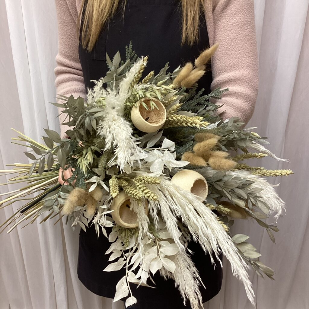 dried flower bouquet, eco bouquet, hand tied brides bouquet, loose open design. country inspired, environmentally kind. inc pampas, variety of ruscus, lagurus, wheat.