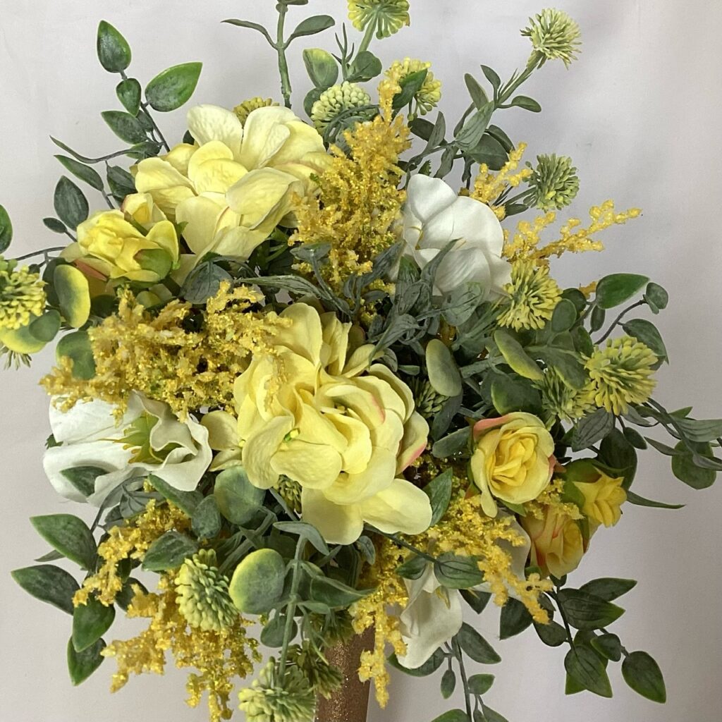 artificial silk flower hand tied brides bouquet, yellow, ivory white . available in most colours. inc roses, astilbe, hydrangea, globe thistle & ruscus