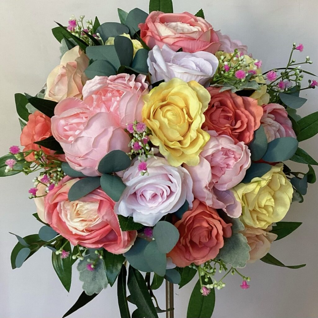 artificial silk flower compact hand tied posy style bouquet inc a mixture of roses, peony, gypsophila, dusty miller & eucalyptus