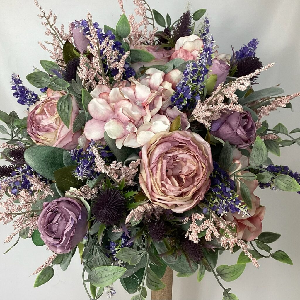 artificial silk flower bride3s bouquet hand tied loose open posy style lilacs purples, mauves, nude, mink, astilbe, hydrangea, roses, peony, veronica, thistle & ruscus