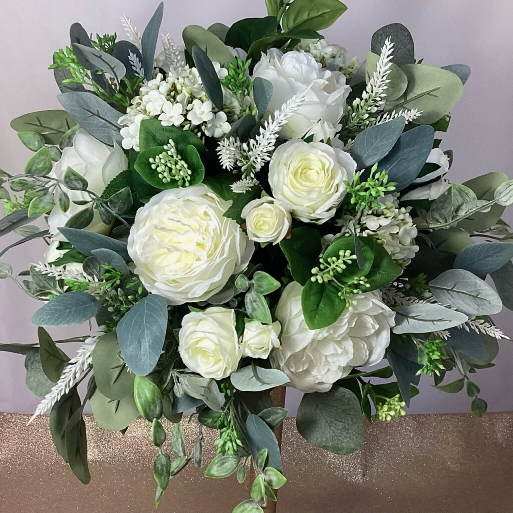 large artificial silk flower bridal bouquet, hand tied posy style. ivory, white, grey, green. inc roses, peony, astilbe, viburnum eucalyptus & ruscus
