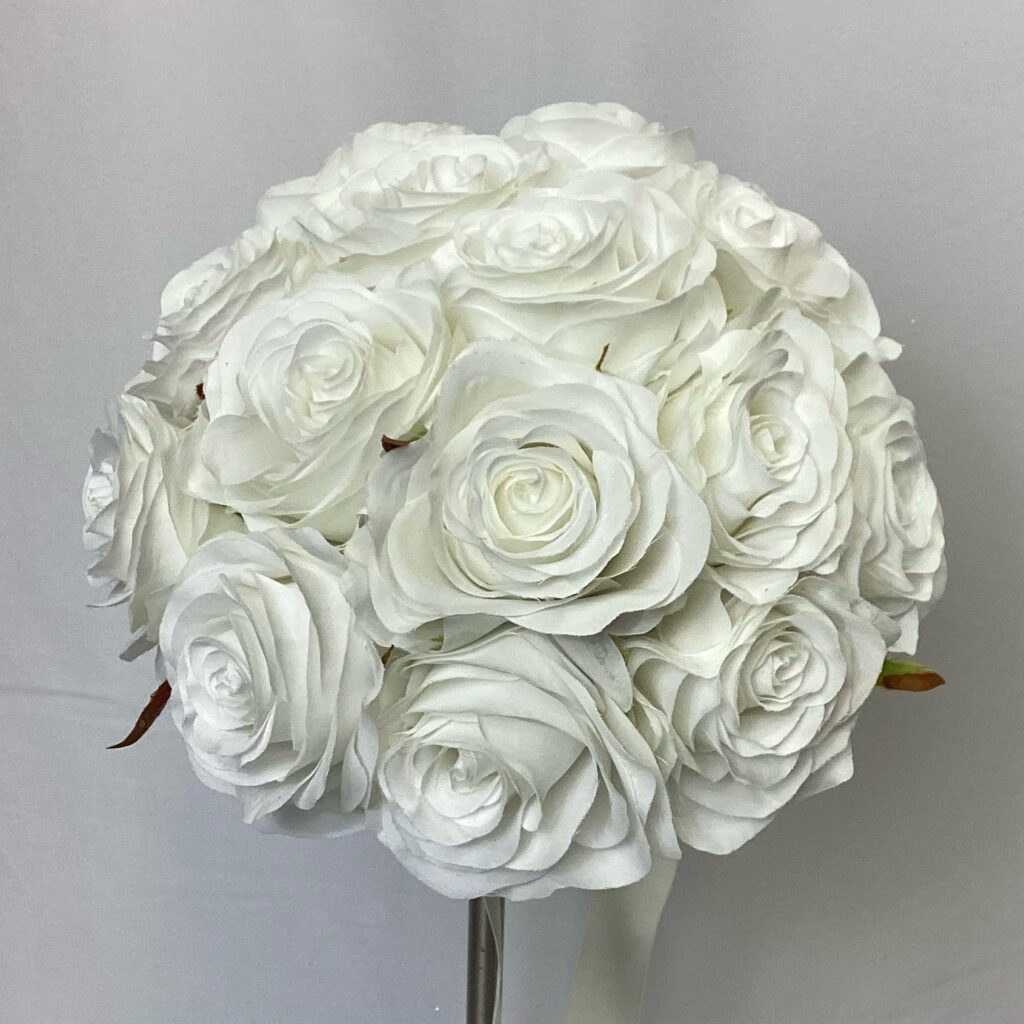 artificial silf flower brides bouquet, hand tied posy style compact in design inc roses, peony, gerb