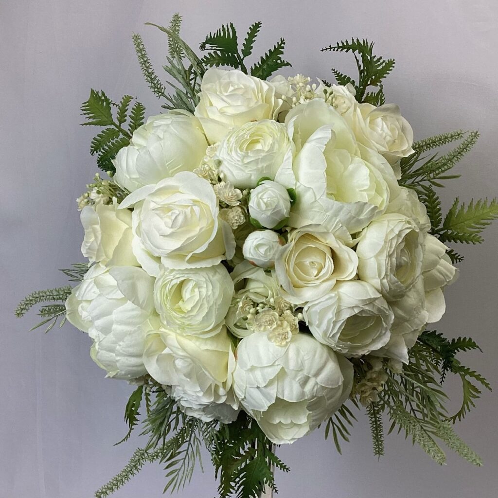artificial silk brides bouquet, compact hand tied style inc roses, rosebuds, peony, gypsophila, buckler fern and tassle fern