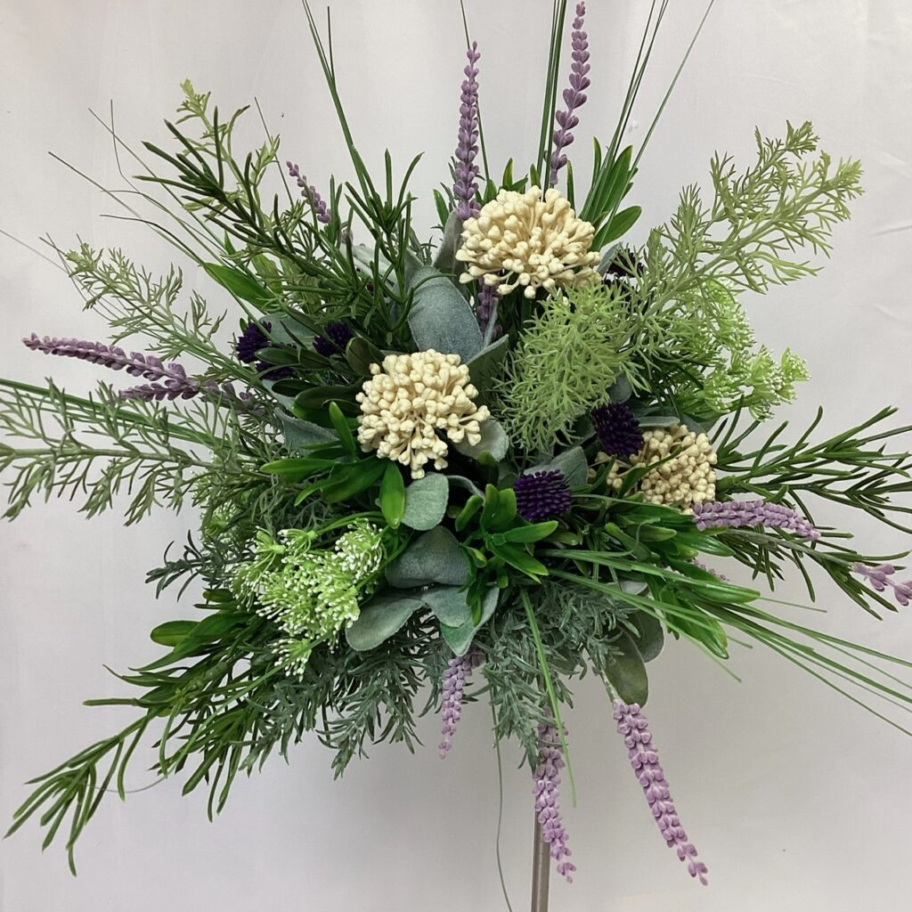 artificial silk brides bouquet. lilac, purple, green, ivory. loose, open natural handtied bouquet. inc allium, lavender, rosemary, sage, dill, amm9i, chives.