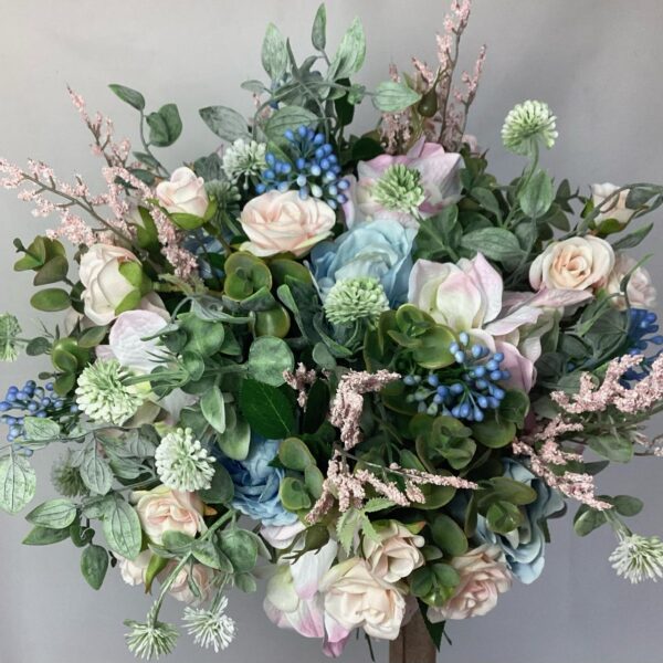 artificial silk flower bridal bouquet. hand tied posy style. pinks, ivory, blues, inc roses, globe thistle, berry, astilbe, hydrangea, eucalyptus & ruscus
