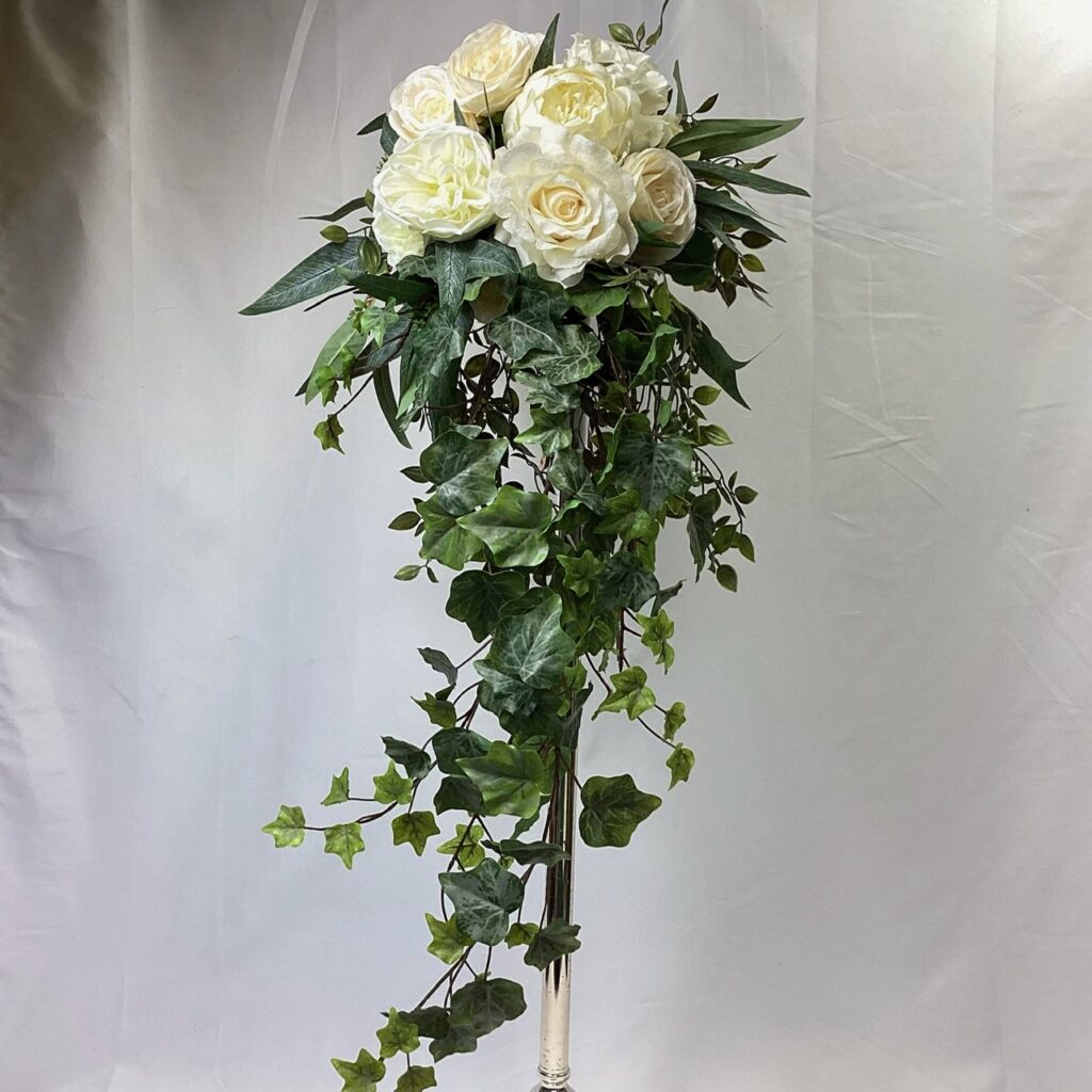 artificial silk flower bridal bouquet, cascading long flowing shower bouquet. ivory, white green. inc roses, ivy, eucalyptus, & peony