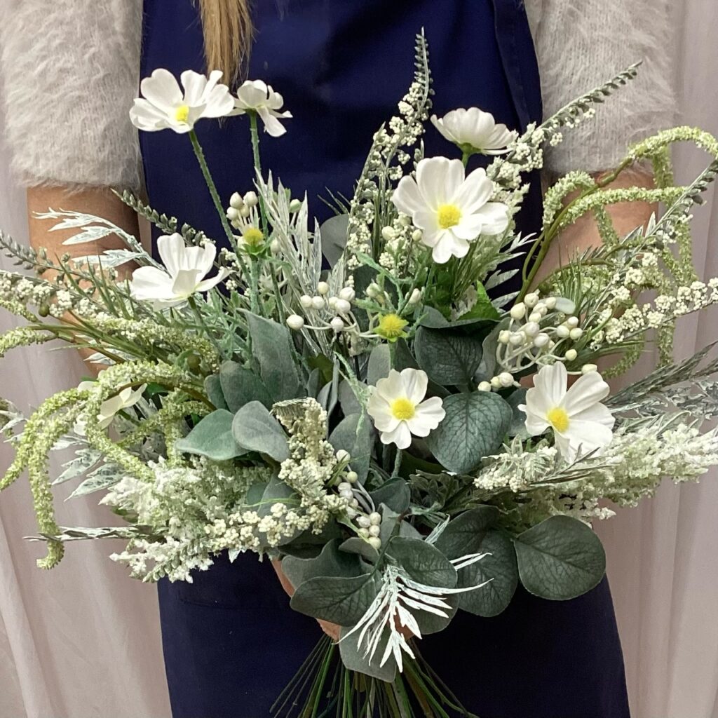 artificial silk flower country style open loose hand tied style. ivory, green. inc salvia, cosmos, amaranthus, berry, eucalyptus & frosted foliage