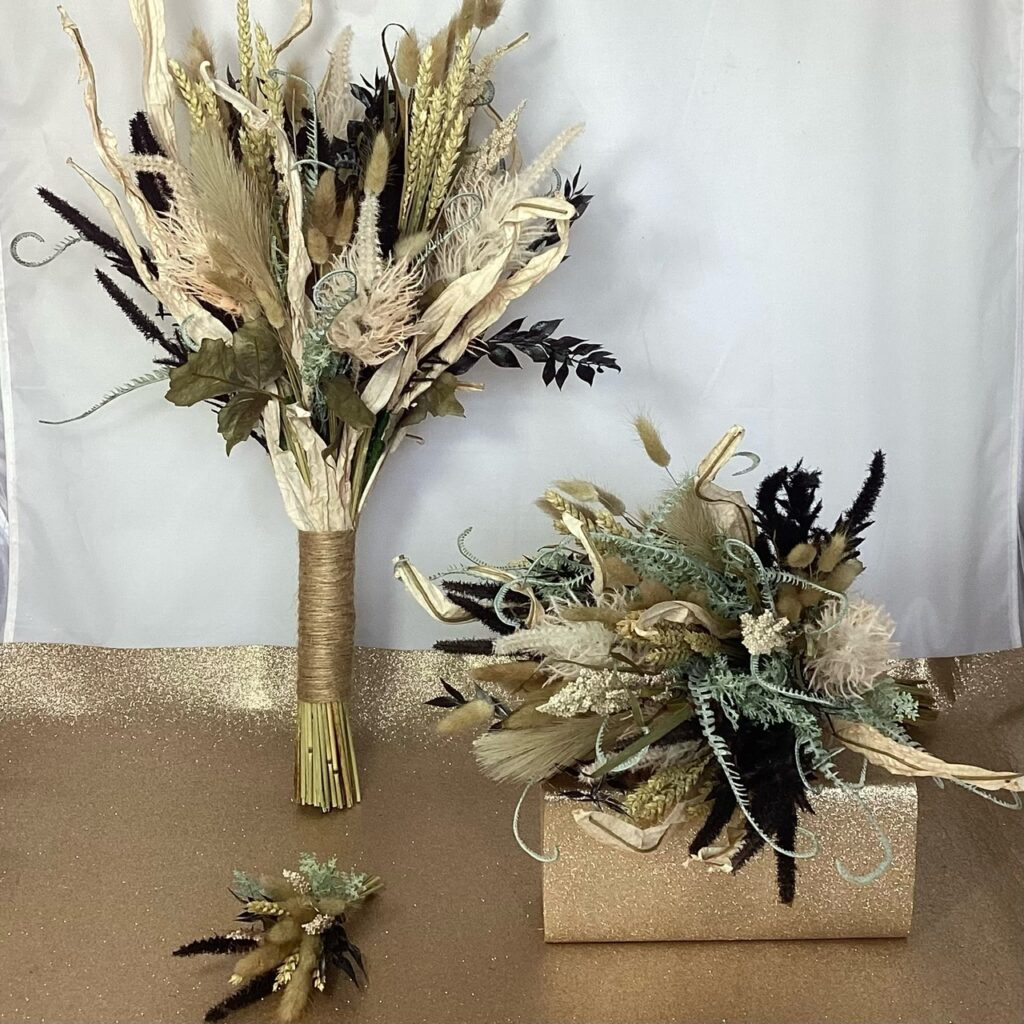 silk artificial and dried flower bouquet, ivory, natural, black hand tied natural country style, inc lagurus, wheat, tassle fern reed leaves