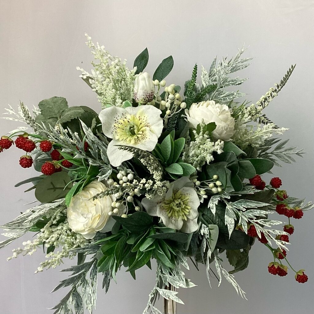 artificial silk bridal bouquet, grey, ivory, white, red, hand tied open natural garden style bouquet. inc hellebore, frosted fern, raspberries, salvia, astilbe, ranunculus & berries. winter inspired.